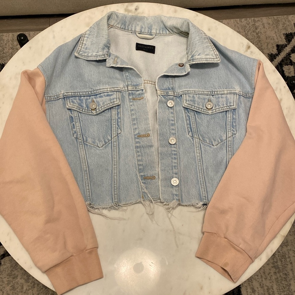 AllSaints anders crop Jean jacket with sweatshirt sleeves